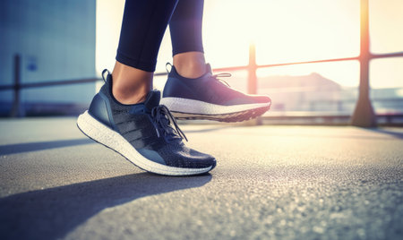 Modern running shoes for close-up on athlete's feet Creating using generative AI toolsの素材
