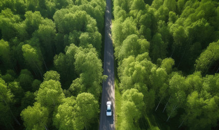Serene drive through lush forest on winding road Creating using generative AI toolsの素材