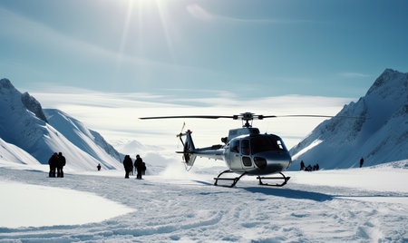 Helicopter lifts freeriders to mountain for extreme skiing adventure. Creating using generative AI toolsの素材