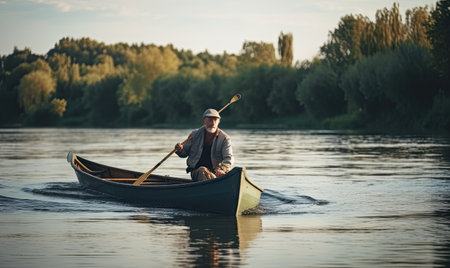 In his small boat, the man traveled alone along the winding river Creating using generative AI toolsの素材