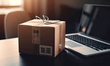 Online shopping delivery concept with parcel box on laptop Creating using generative AI toolsの素材