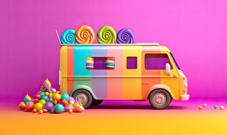 Whimsical candy-themed food truck parked on a rainbow street Creating using generative AI toolsの素材