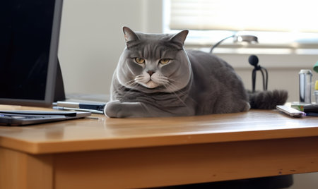 A chubby feline takes charge of the office table, lounging in style. Creating using generative AI toolsの素材