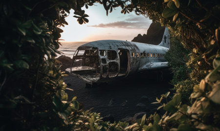 An abandoned airplane rests solemnly on a desolate black sand beach. Creating using generative AI toolsの素材