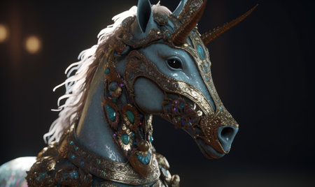 The mythical creature, the anthropomorphic unicorn, dons majestic military armor. Creating using generative AI toolsの素材