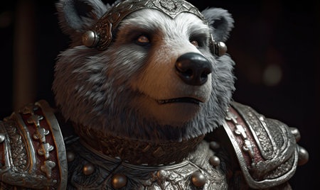 A fierce anthropomorphic bear dons military armor, ready for battle. Creating using generative AI toolsの素材
