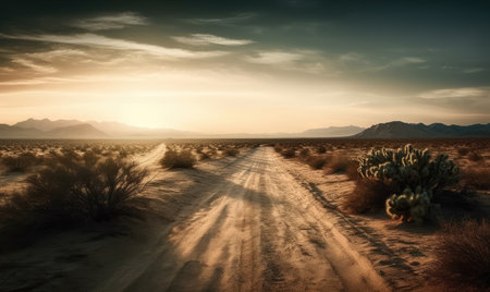 Serene desert landscape reveals an endless road stretching into the sunset. Creating using generative AI toolsの素材