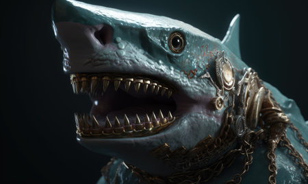 Prepare for the fearsome sight of the anthropomorphic shark, clad in military armor. Creating using generative AI toolsの素材