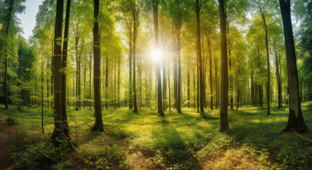 The sun's rays illuminate the forest, creating a captivating panorama. Creating using generative AI toolsの素材