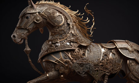 The majestic anthropomorphic horse gallops fearlessly, adorned in shining military armor. Creating using generative AI toolsの素材