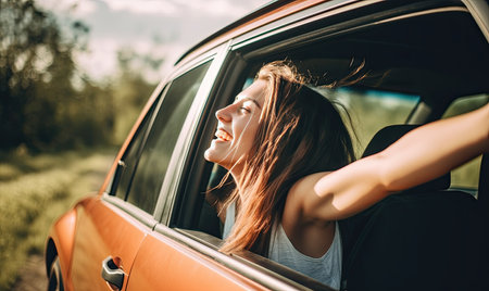 Radiant caucasian woman savors the sights passing by as she leans out of the car window. Creating using generative AI toolsの素材