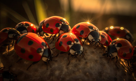 Ladybug strikes a pose and snaps a perfect selfie on a leaf. Creating using generative AI toolsの素材