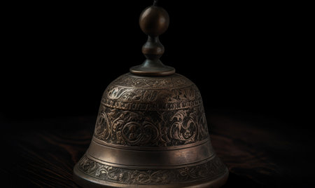 The vintage hand bell stands out against the dark background, exuding nostalgia. Creating using generative AI toolsの素材