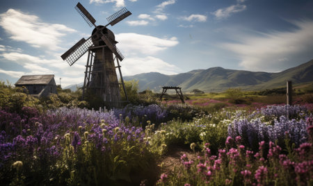 Rustic windmill stands tall amidst blooming fields Creating using generative AI toolsの素材