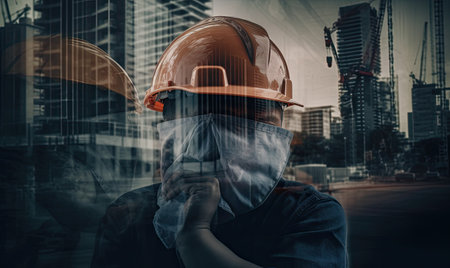 Specialists examine commercial construction blueprints on site. Creating using generative AI toolsの素材