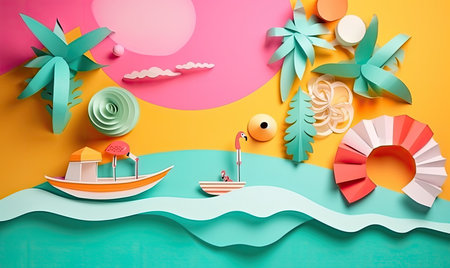Unconventional paper collage art representing summer vacation memories. Creating using generative AI toolsの素材