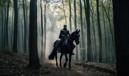 Man on horseback clad in armor navigating the forest Creating using generative AI toolsの素材