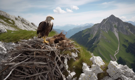 A lone eagle perched on a nearby mountain, watching its nest Creating using generative AI toolsの素材