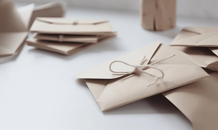 A blank beige envelope placed on a white wood background. Creating using generative AI toolsの素材