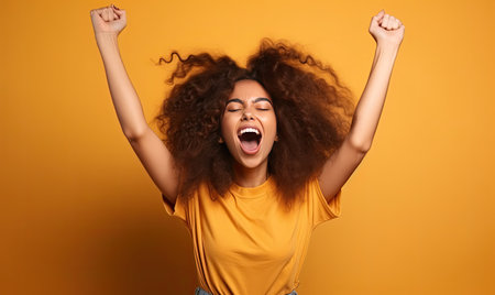 Excited lady shouts yeah while raising her fist in victory Creating using generative AI toolsの素材