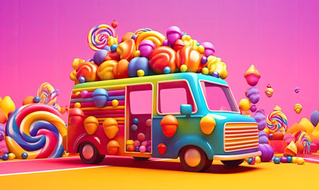 Magical candyland food truck surrounded by clouds of cotton candy Creating using generative AI toolsの素材