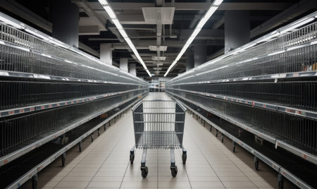 Wide supermarket aisle with an empty shopping cart. Creating using generative AI toolsの素材