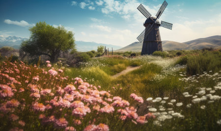 Charming windmill surrounded by colorful wildflowers Creating using generative AI toolsの素材