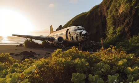 On the black sand beach, an eerie sight unfolds: an abandoned airplane. Creating using generative AI toolsの素材
