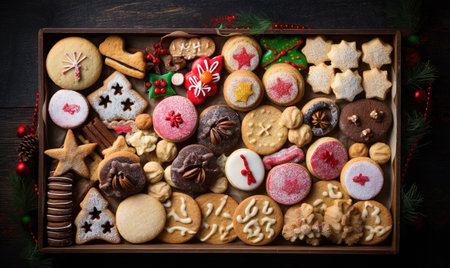 Assorted Christmas cookies with colorful sprinkles and icing. Creating using generative AI toolsの素材