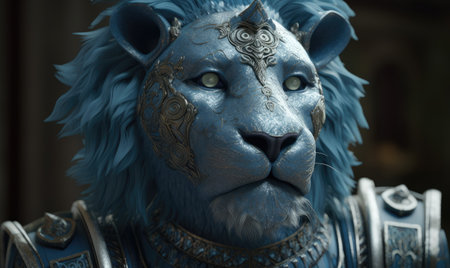 A majestic sight unfolds as the anthropomorphic lion, wearing battle-ready military armor, commands attention. Creating using generative AI toolsの素材
