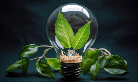 A creative lightbulb design made from sustainable fresh leaves promotes eco-friendliness. Creating using generative AI toolsの素材