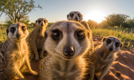 Playful meerkat strikes a pose and snaps a delightful selfie. Creating using generative AI toolsの素材