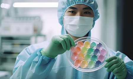 Close-up of Asian technician holding petri dishes with colorful samples Creating using generative AI toolsの素材