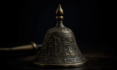 The dark background accentuates the elegance of the vintage hand bell. Creating using generative AI toolsの素材
