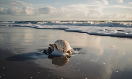 A magnificent seashell adorns the sandy beach, caressed by rolling waves. Creating using generative AI toolsの素材