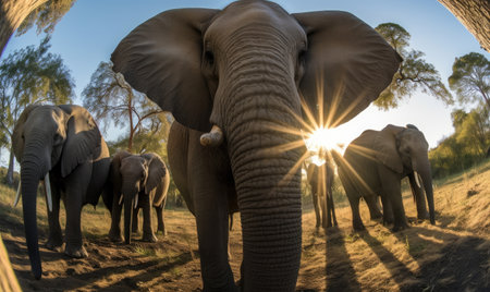 Selfie time with a magnificent elephant against a picturesque backdrop. Creating using generative AI toolsの素材