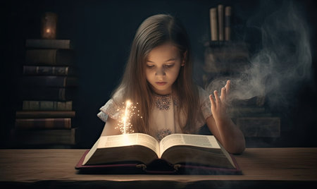 A girl imagination comes alive through a mystical book. Creating using generative AI toolsの素材