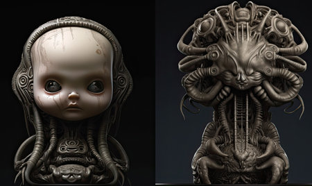 The tiny biomechanical dolly figures brought cuteness to the scene. Creating using generative AI toolsの素材