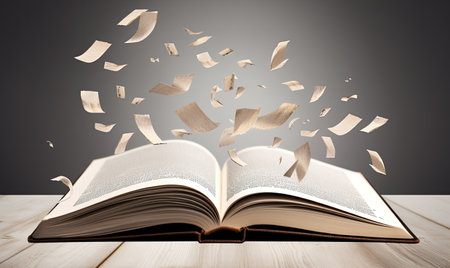 The open book with pages flying was a metaphor for the endless journey of knowledge and discovery. Creating using generative AI toolsの素材