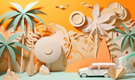 Trendy paper collage art depicting unique summer vacation experience. Creating using generative AI toolsの素材