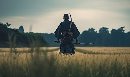 Katana-wielding samurai stands alone in a vast field Creating using generative AI toolsの素材