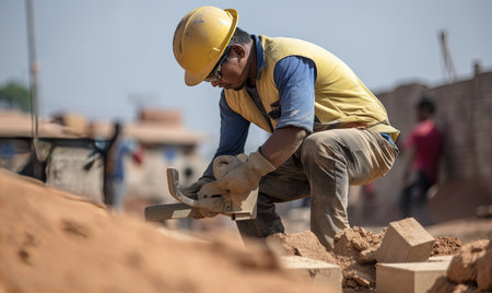 Construction site worker using pliers to fix metal fittings on site. Creating using generative AI toolsの素材
