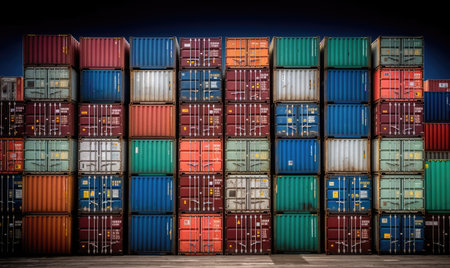 Loading dock with rows of container trucks and shipping containers. Creating using generative AI toolsの素材