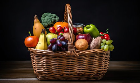 Fresh food galore! This shopping basket has got it all. Creating using generative AI toolsの素材