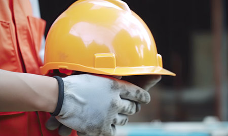 Protective hard hat held in a hand on a construction site. Creating using generative AI toolsの素材