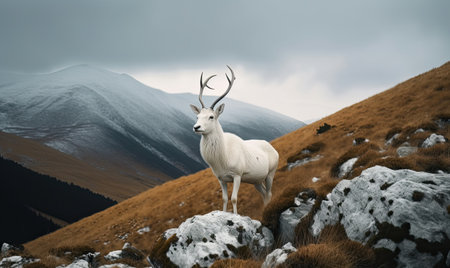 In the tranquil forest, the white deer with golden horns roams undisturbed  designeの素材