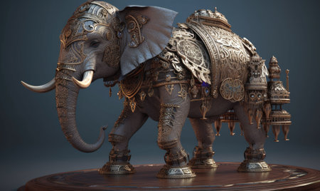 The majestic anthropomorphic elephant stands tall, donning powerful military armor.  designeの素材