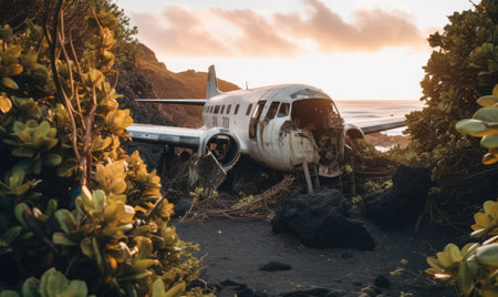 A haunting scene unfolds as an abandoned airplane meets the black sand beach.  designeの素材
