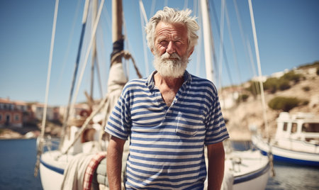 Deep lines and rugged features define the portrait of the old sailor near the boat. designeの素材