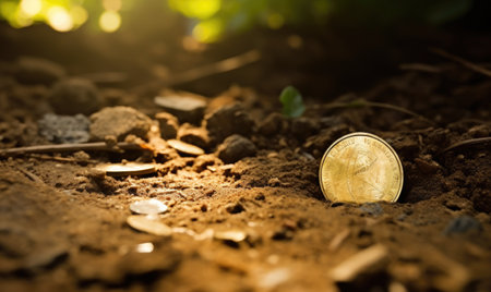 Carefully brushing away the dirt, he revealed a tarnished gold coinの素材